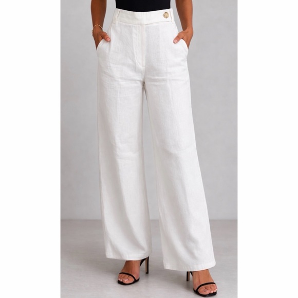 Massimo Dutti Pants - MASSIMO DUTTI • White 100% Linen High-Waisted Wide Leg Trouser Pants, 2